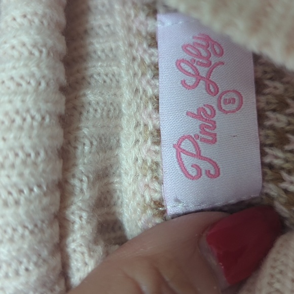 Plaid Cowl Neck Knit Cropped Boxy Sweater  Neutral blush Pink and Brown Sz S - Picture 8 of 10